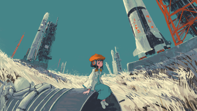 动漫女孩坐草地，戴耳机看火箭发射4K壁纸