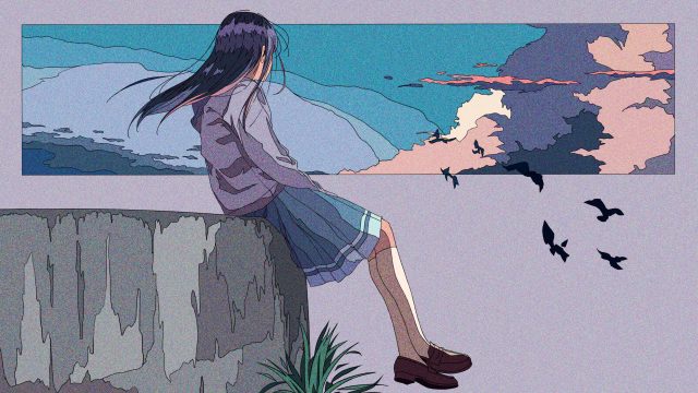 长发动漫女孩坐悬崖，4K壁纸天空山景